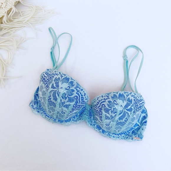 Victoria’s Secret Pink Blue Floral Lace Balconette Push-Up Bra - Picture 1 of 6